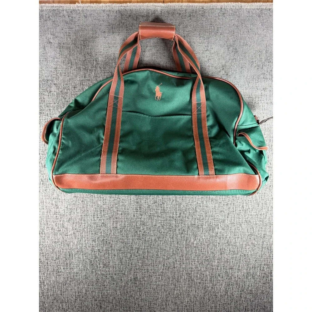Polo Ralph Lauren Green Canvas Duffel Bag Brown Trim Travel Weekender